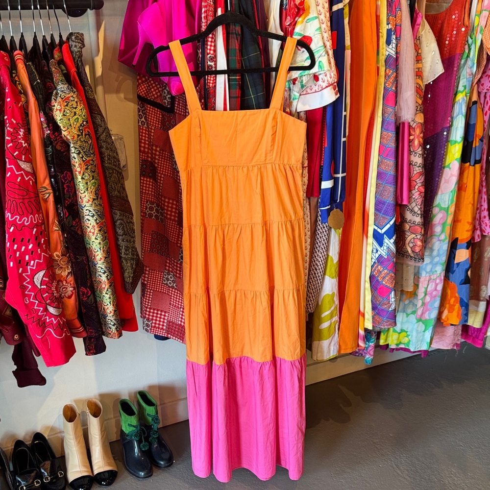 NWT! Compania Fantastica Orange & Pink Tiered Maxi Dress with Square Neck